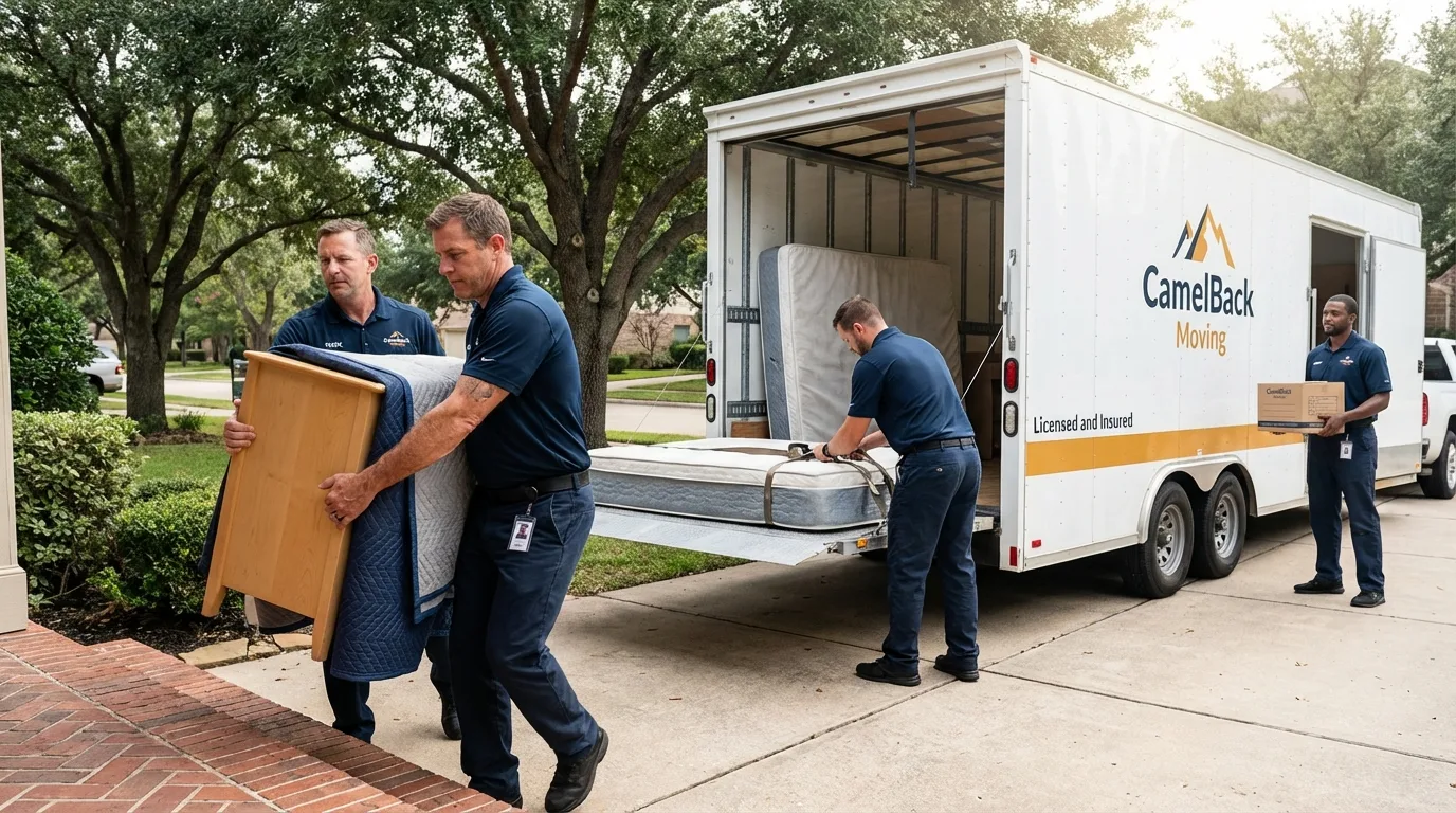 Crew loading residential truck for cross-state move from Independence, MO
