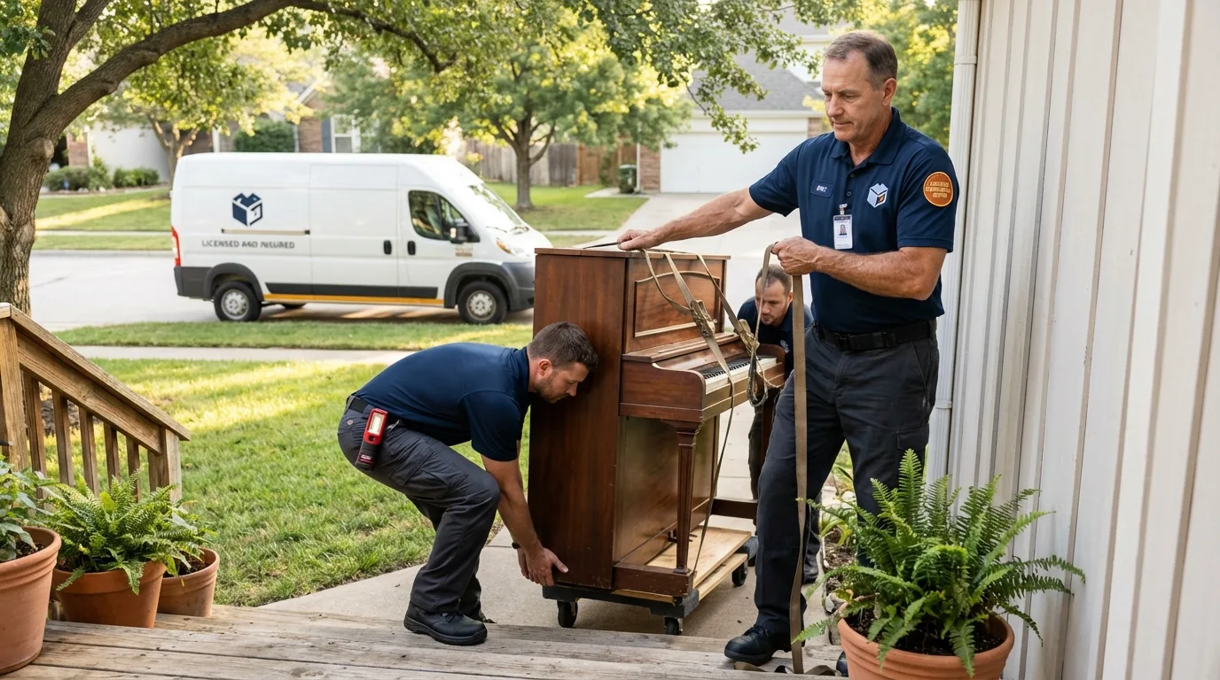 Licensed piano movers securing grand piano in Independence, MO