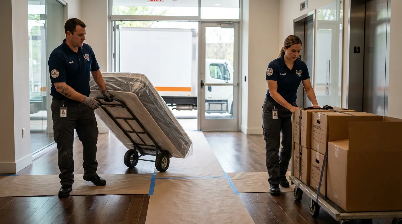 Professional apartment movers loading elevator in Independence, MO